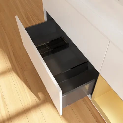 VILLEROY BOCH Finion Waschbeckenunterschrank, mit Beleuchtung, 3 Auszüge, 1200 x 603 x 501 mm, White Matt Lacquer / Gold Matt Lacquer / Glass White Matt #F421HFMT, Bild 7