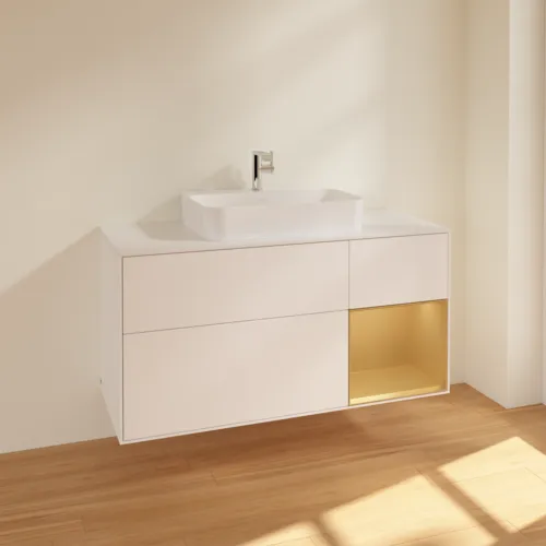 VILLEROY BOCH Finion Waschbeckenunterschrank, mit Beleuchtung, 3 Auszüge, 1200 x 603 x 501 mm, White Matt Lacquer / Gold Matt Lacquer / Glass White Matt #F421HFMT, Bild 2