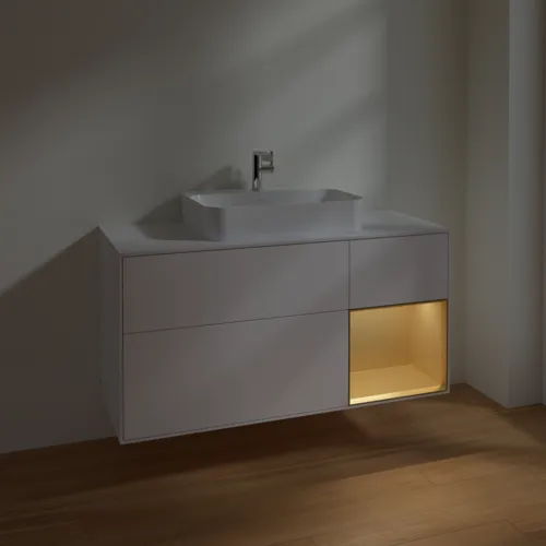 VILLEROY BOCH Finion Waschbeckenunterschrank, mit Beleuchtung, 3 Auszüge, 1200 x 603 x 501 mm, White Matt Lacquer / Gold Matt Lacquer / Glass White Matt #F421HFMT, Bild 5