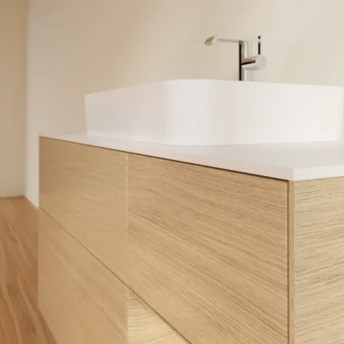 VILLEROY BOCH Finion Waschbeckenunterschrank, mit Beleuchtung, 3 Auszüge, 1200 x 603 x 501 mm, Oak Veneer / Oak Veneer / Glass White Matt #F421PCPC, Bild 6