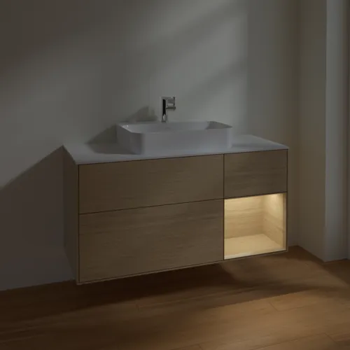 VILLEROY BOCH Finion Waschbeckenunterschrank, mit Beleuchtung, 3 Auszüge, 1200 x 603 x 501 mm, Oak Veneer / Oak Veneer / Glass White Matt #F421PCPC, Bild 5