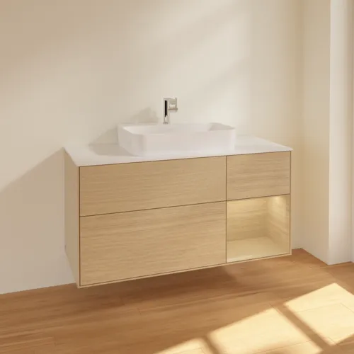 VILLEROY BOCH Finion Waschbeckenunterschrank, mit Beleuchtung, 3 Auszüge, 1200 x 603 x 501 mm, Oak Veneer / Oak Veneer / Glass White Matt #F421PCPC, Bild 2