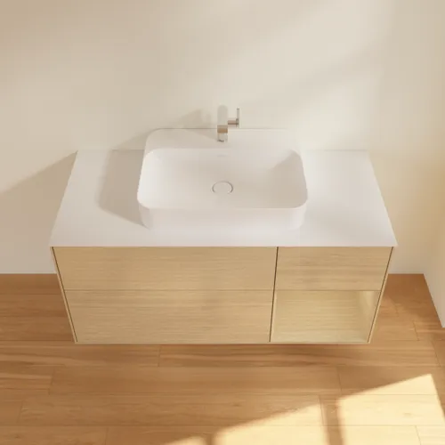 VILLEROY BOCH Finion Waschbeckenunterschrank, mit Beleuchtung, 3 Auszüge, 1200 x 603 x 501 mm, Oak Veneer / Oak Veneer / Glass White Matt #F421PCPC, Bild 4