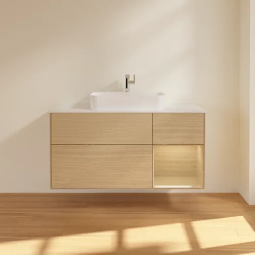 VILLEROY BOCH Finion Waschbeckenunterschrank, mit Beleuchtung, 3 Auszüge, 1200 x 603 x 501 mm, Oak Veneer / Oak Veneer / Glass White Matt #F421PCPC, Bild 3