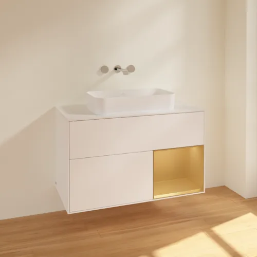 VILLEROY BOCH Finion Waschbeckenunterschrank, mit Beleuchtung, 2 Auszüge, 1000 x 603 x 501 mm, White Matt Lacquer / Gold Matt Lacquer / Glass White Matt #F661HFMT, Bild 2