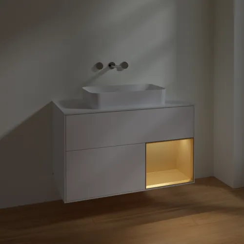 VILLEROY BOCH Finion Waschbeckenunterschrank, mit Beleuchtung, 2 Auszüge, 1000 x 603 x 501 mm, White Matt Lacquer / Gold Matt Lacquer / Glass White Matt #F661HFMT, Bild 5