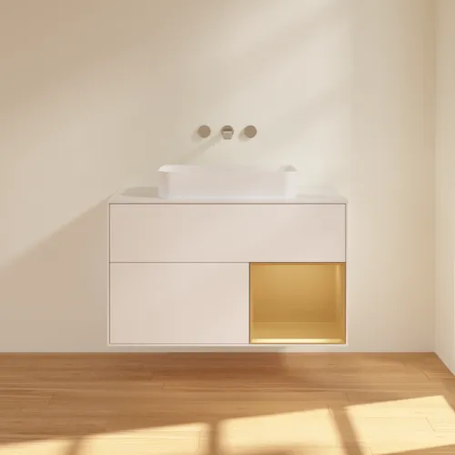 VILLEROY BOCH Finion Waschbeckenunterschrank, mit Beleuchtung, 2 Auszüge, 1000 x 603 x 501 mm, White Matt Lacquer / Gold Matt Lacquer / Glass White Matt #F661HFMT, Bild 3