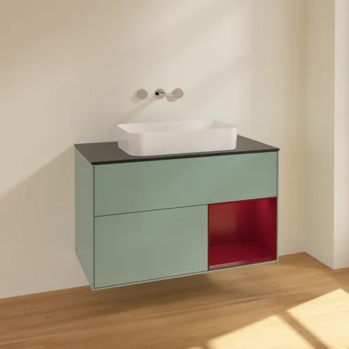 Bild von VILLEROY BOCH Finion Waschbeckenunterschrank, mit Beleuchtung, 2 Auszüge, 1000 x 603 x 501 mm, Olive Matt Lacquer / Peony Matt Lacquer / Glass Black Matt #F662HBGM