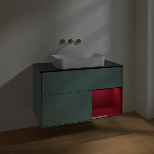 Bild von VILLEROY BOCH Finion Waschbeckenunterschrank, mit Beleuchtung, 2 Auszüge, 1000 x 603 x 501 mm, Olive Matt Lacquer / Peony Matt Lacquer / Glass Black Matt #F662HBGM