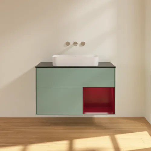 Bild von VILLEROY BOCH Finion Waschbeckenunterschrank, mit Beleuchtung, 2 Auszüge, 1000 x 603 x 501 mm, Olive Matt Lacquer / Peony Matt Lacquer / Glass Black Matt #F662HBGM