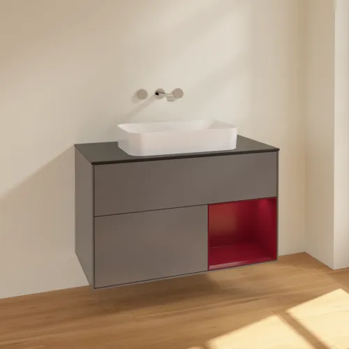 VILLEROY BOCH Finion Waschbeckenunterschrank, mit Beleuchtung, 2 Auszüge, 1000 x 603 x 501 mm, Anthracite Matt Lacquer / Peony Matt Lacquer / Glass Black Matt #F662HBGK, Bild 2