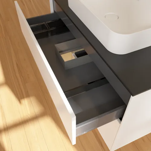 VILLEROY BOCH Finion Waschbeckenunterschrank, mit Beleuchtung, 2 Auszüge, 1000 x 603 x 501 mm, White Matt Lacquer / Oak Veneer / Glass Black Matt #F652PCMT, Bild 8