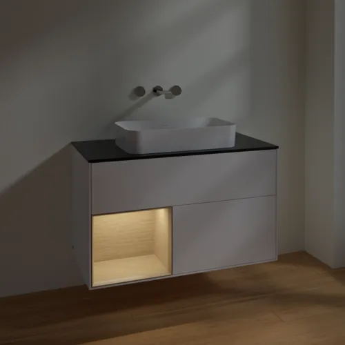 VILLEROY BOCH Finion Waschbeckenunterschrank, mit Beleuchtung, 2 Auszüge, 1000 x 603 x 501 mm, White Matt Lacquer / Oak Veneer / Glass Black Matt #F652PCMT, Bild 5