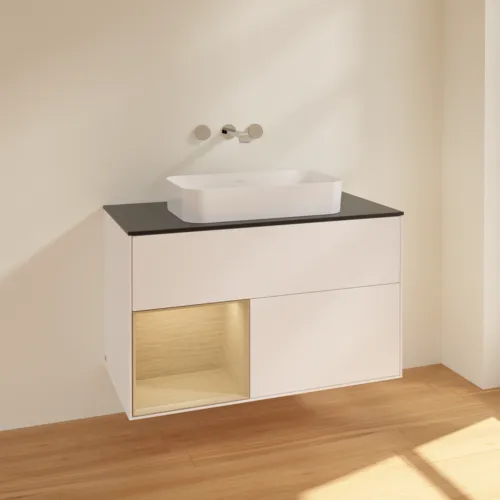 VILLEROY BOCH Finion Waschbeckenunterschrank, mit Beleuchtung, 2 Auszüge, 1000 x 603 x 501 mm, White Matt Lacquer / Oak Veneer / Glass Black Matt #F652PCMT, Bild 2