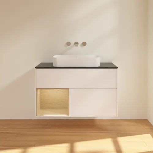 VILLEROY BOCH Finion Waschbeckenunterschrank, mit Beleuchtung, 2 Auszüge, 1000 x 603 x 501 mm, White Matt Lacquer / Oak Veneer / Glass Black Matt #F652PCMT, Bild 3