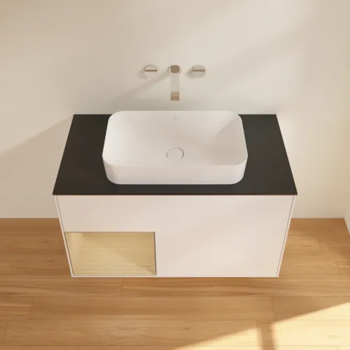 VILLEROY BOCH Finion Waschbeckenunterschrank, mit Beleuchtung, 2 Auszüge, 1000 x 603 x 501 mm, White Matt Lacquer / Oak Veneer / Glass Black Matt #F652PCMT, Bild 4