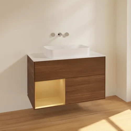 Bild von VILLEROY BOCH Finion Waschbeckenunterschrank, mit Beleuchtung, 2 Auszüge, 1000 x 603 x 501 mm, Walnut Veneer / Gold Matt Lacquer / Glass White Matt #F651HFGN