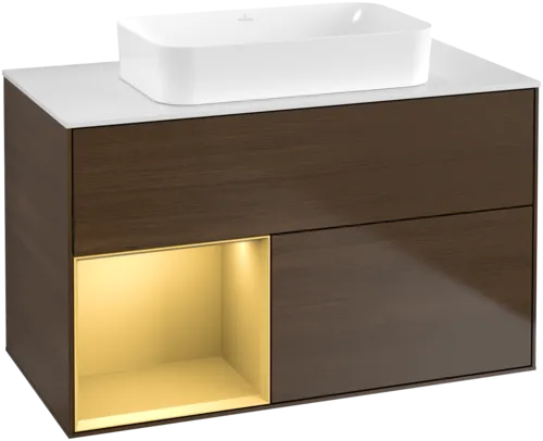 Obrázek VILLEROY BOCH Toaletní stolek Finion, s osvětlením, 2 výsuvy, 1000 x 603 x 501 mm, ořechová dýha / zlatý matný lak / sklo bílé matné #F651HFGN