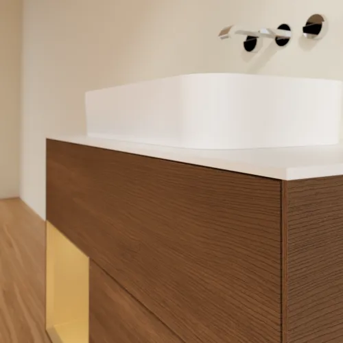 Bild von VILLEROY BOCH Finion Waschbeckenunterschrank, mit Beleuchtung, 2 Auszüge, 1000 x 603 x 501 mm, Walnut Veneer / Gold Matt Lacquer / Glass White Matt #F651HFGN