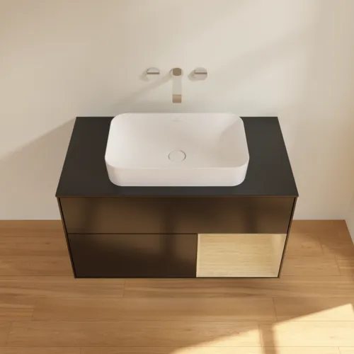 Picture of VILLEROY BOCH Finion Vanity unit, with lighting, 2 pull-out compartments, 1000 x 603 x 501 mm, Black Matt Lacquer / Oak Veneer / Glass Black Matt #F662PCPD