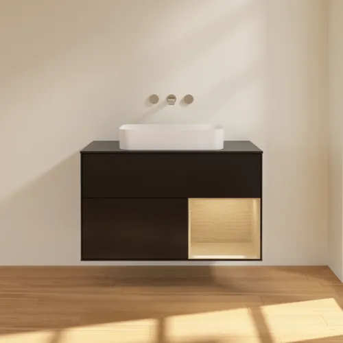 Picture of VILLEROY BOCH Finion Vanity unit, with lighting, 2 pull-out compartments, 1000 x 603 x 501 mm, Black Matt Lacquer / Oak Veneer / Glass Black Matt #F662PCPD