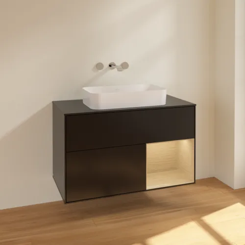 Picture of VILLEROY BOCH Finion Vanity unit, with lighting, 2 pull-out compartments, 1000 x 603 x 501 mm, Black Matt Lacquer / Oak Veneer / Glass Black Matt #F662PCPD