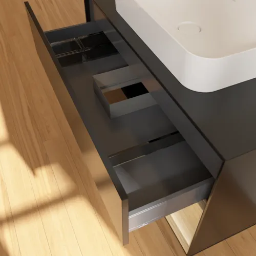 Picture of VILLEROY BOCH Finion Vanity unit, with lighting, 2 pull-out compartments, 1000 x 603 x 501 mm, Black Matt Lacquer / Oak Veneer / Glass Black Matt #F662PCPD