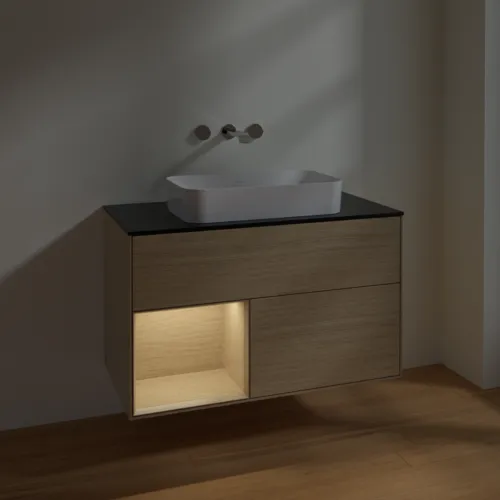 Bild von VILLEROY BOCH Finion Waschbeckenunterschrank, mit Beleuchtung, 2 Auszüge, 1000 x 603 x 501 mm, Oak Veneer / Oak Veneer / Glass Black Matt #F652PCPC