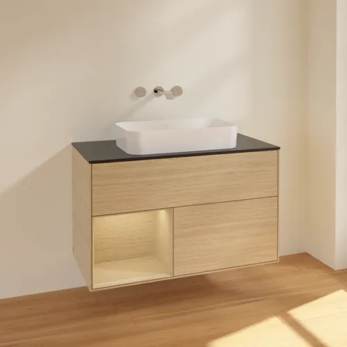 Bild von VILLEROY BOCH Finion Waschbeckenunterschrank, mit Beleuchtung, 2 Auszüge, 1000 x 603 x 501 mm, Oak Veneer / Oak Veneer / Glass Black Matt #F652PCPC