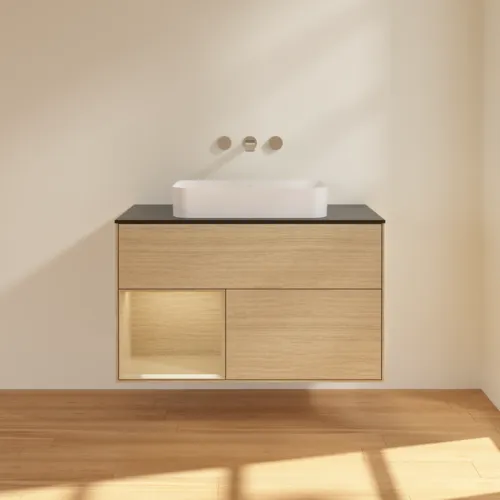 Bild von VILLEROY BOCH Finion Waschbeckenunterschrank, mit Beleuchtung, 2 Auszüge, 1000 x 603 x 501 mm, Oak Veneer / Oak Veneer / Glass Black Matt #F652PCPC