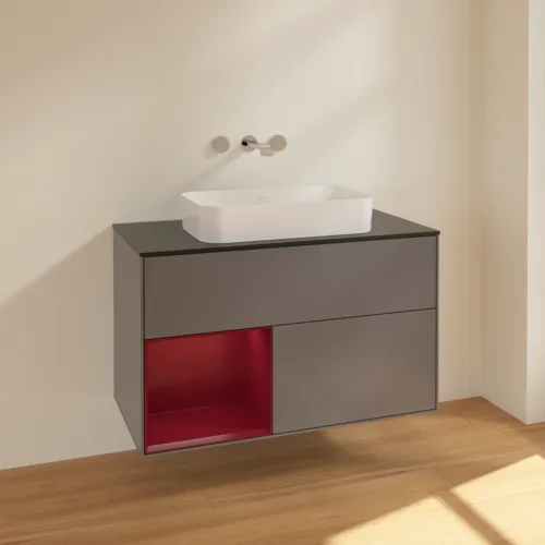 Bild von VILLEROY BOCH Finion Waschbeckenunterschrank, mit Beleuchtung, 2 Auszüge, 1000 x 603 x 501 mm, Anthracite Matt Lacquer / Peony Matt Lacquer / Glass Black Matt #F652HBGK