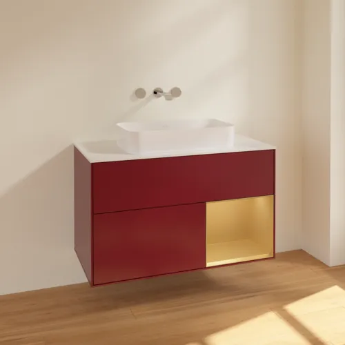 Bild von VILLEROY BOCH Finion Waschbeckenunterschrank, mit Beleuchtung, 2 Auszüge, 1000 x 603 x 501 mm, Peony Matt Lacquer / Gold Matt Lacquer / Glass White Matt #F661HFHB