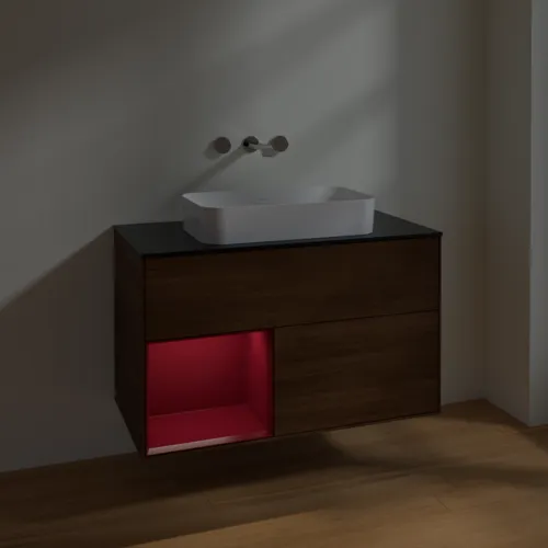 Bild von VILLEROY BOCH Finion Waschbeckenunterschrank, mit Beleuchtung, 2 Auszüge, 1000 x 603 x 501 mm, Walnut Veneer / Peony Matt Lacquer / Glass Black Matt #F652HBGN