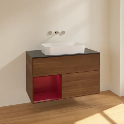 Bild von VILLEROY BOCH Finion Waschbeckenunterschrank, mit Beleuchtung, 2 Auszüge, 1000 x 603 x 501 mm, Walnut Veneer / Peony Matt Lacquer / Glass Black Matt #F652HBGN