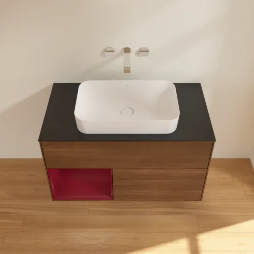 Bild von VILLEROY BOCH Finion Waschbeckenunterschrank, mit Beleuchtung, 2 Auszüge, 1000 x 603 x 501 mm, Walnut Veneer / Peony Matt Lacquer / Glass Black Matt #F652HBGN