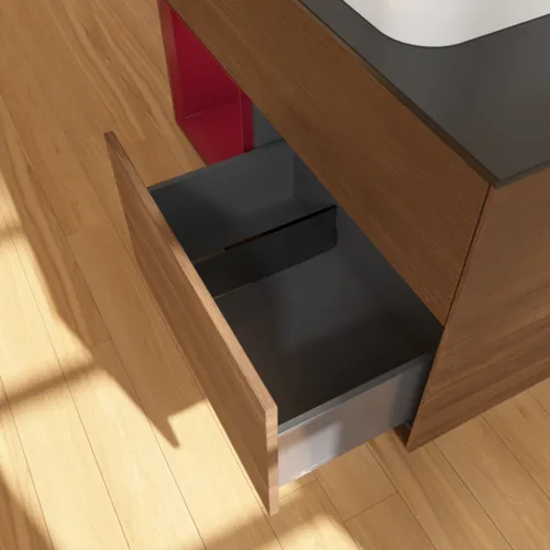 Bild von VILLEROY BOCH Finion Waschbeckenunterschrank, mit Beleuchtung, 2 Auszüge, 1000 x 603 x 501 mm, Walnut Veneer / Peony Matt Lacquer / Glass Black Matt #F652HBGN