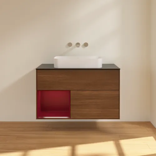 Bild von VILLEROY BOCH Finion Waschbeckenunterschrank, mit Beleuchtung, 2 Auszüge, 1000 x 603 x 501 mm, Walnut Veneer / Peony Matt Lacquer / Glass Black Matt #F652HBGN