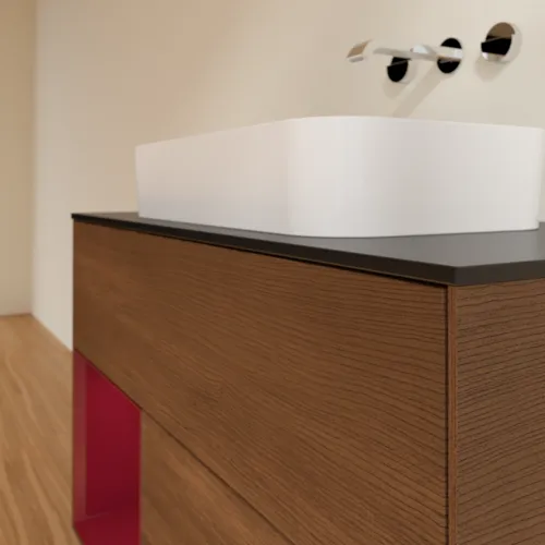 Bild von VILLEROY BOCH Finion Waschbeckenunterschrank, mit Beleuchtung, 2 Auszüge, 1000 x 603 x 501 mm, Walnut Veneer / Peony Matt Lacquer / Glass Black Matt #F652HBGN