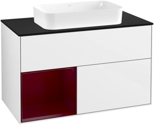 VILLEROY BOCH Finion Vanity unit, with lighting, 2 pull-out compartments, 1000 x 603 x 501 mm, Glossy White Lacquer / Peony Matt Lacquer / Glass Black Matt #F652HBGF resmi