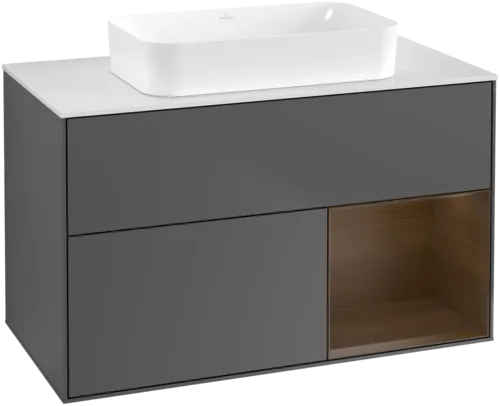 VILLEROY BOCH Finion Vanity unit, with lighting, 2 pull-out compartments, 1000 x 603 x 501 mm, Anthracite Matt Lacquer / Walnut Veneer / Glass White Matt #F661GNGK resmi