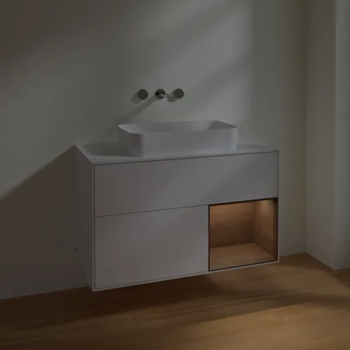 VILLEROY BOCH Finion Waschbeckenunterschrank, mit Beleuchtung, 2 Auszüge, 1000 x 603 x 501 mm, Glossy White Lacquer / Walnut Veneer / Glass White Matt #F661GNGF, Bild 5