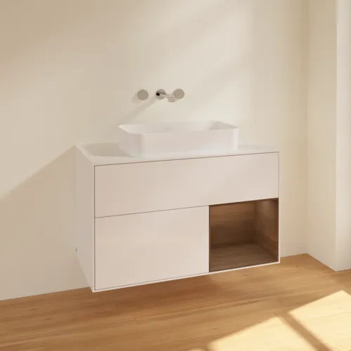 VILLEROY BOCH Finion Waschbeckenunterschrank, mit Beleuchtung, 2 Auszüge, 1000 x 603 x 501 mm, Glossy White Lacquer / Walnut Veneer / Glass White Matt #F661GNGF, Bild 2