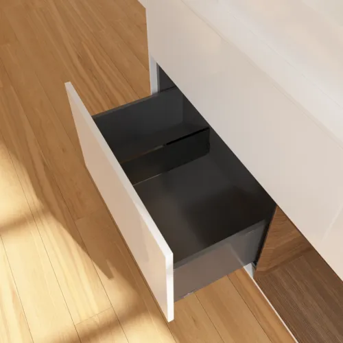 VILLEROY BOCH Finion Waschbeckenunterschrank, mit Beleuchtung, 2 Auszüge, 1000 x 603 x 501 mm, Glossy White Lacquer / Walnut Veneer / Glass White Matt #F661GNGF, Bild 7