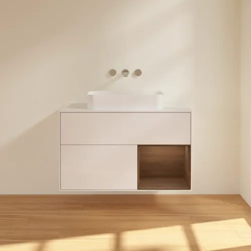 VILLEROY BOCH Finion Waschbeckenunterschrank, mit Beleuchtung, 2 Auszüge, 1000 x 603 x 501 mm, Glossy White Lacquer / Walnut Veneer / Glass White Matt #F661GNGF, Bild 3