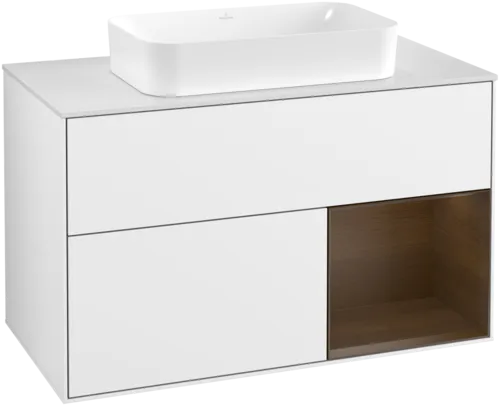 VILLEROY BOCH Finion Vanity unit, with lighting, 2 pull-out compartments, 1000 x 603 x 501 mm, Glossy White Lacquer / Walnut Veneer / Glass White Matt #F661GNGF resmi