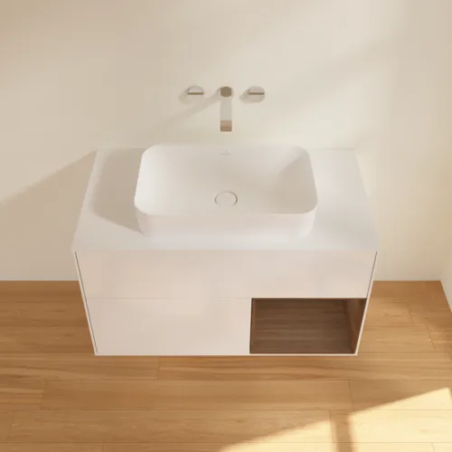 VILLEROY BOCH Finion Waschbeckenunterschrank, mit Beleuchtung, 2 Auszüge, 1000 x 603 x 501 mm, Glossy White Lacquer / Walnut Veneer / Glass White Matt #F661GNGF, Bild 4