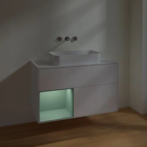 Bild von VILLEROY BOCH Finion Waschbeckenunterschrank, mit Beleuchtung, 2 Auszüge, 1000 x 603 x 501 mm, White Matt Lacquer / Olive Matt Lacquer / Glass White Matt #F651GMMT