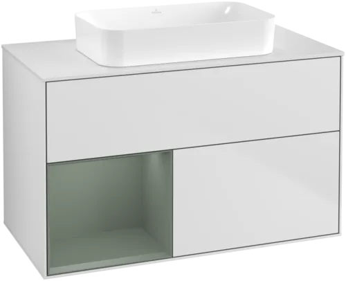 VILLEROY BOCH Finion Vanity unit, with lighting, 2 pull-out compartments, 1000 x 603 x 501 mm, White Matt Lacquer / Olive Matt Lacquer / Glass White Matt #F651GMMT resmi