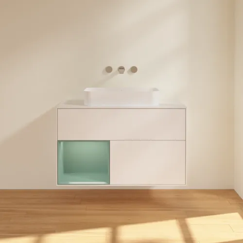 Bild von VILLEROY BOCH Finion Waschbeckenunterschrank, mit Beleuchtung, 2 Auszüge, 1000 x 603 x 501 mm, White Matt Lacquer / Olive Matt Lacquer / Glass White Matt #F651GMMT
