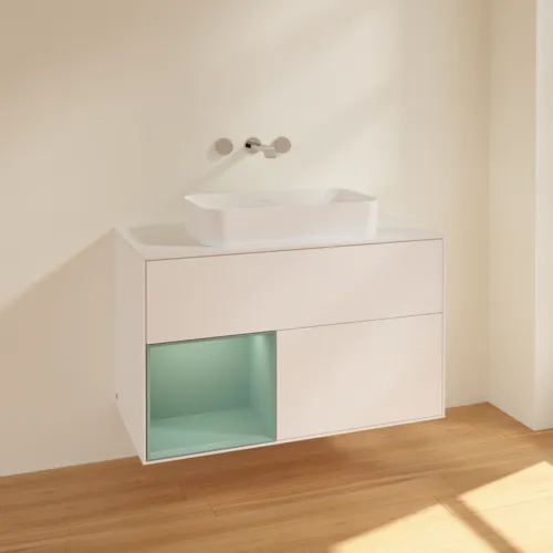 Bild von VILLEROY BOCH Finion Waschbeckenunterschrank, mit Beleuchtung, 2 Auszüge, 1000 x 603 x 501 mm, White Matt Lacquer / Olive Matt Lacquer / Glass White Matt #F651GMMT